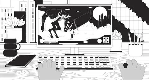 Black user playing computer game 2D linear illustration concept Stock Illustration