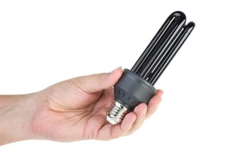 Black (UV) fluorescent lamp with e27 base in hand Stock Photos