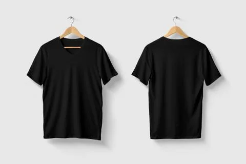 Black V-Neck Shirt Mock-up on wooden hanger, front and rear side view. Stock Photos