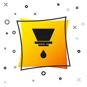 Black V60 coffee maker icon isolated on white background. Yellow square button Illustrazione stock