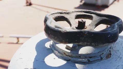 Black valve in thin white rusty pipes in sea ship. Machinery and equipment of 스톡 동영상 114625717