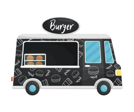 Black van with burger patterns. Vector illustration on a white background. Stock Illustration