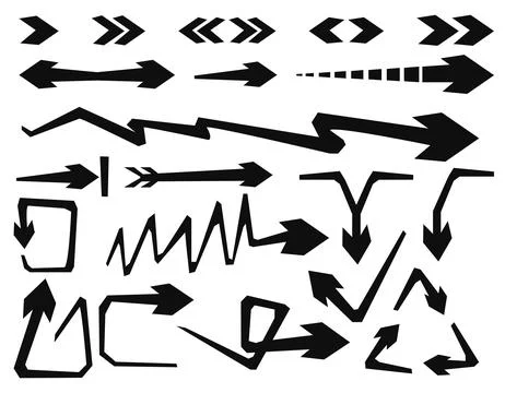 Black vector arrows, sharp angles, zigzags and lines, on a white background Illustrazione stock
