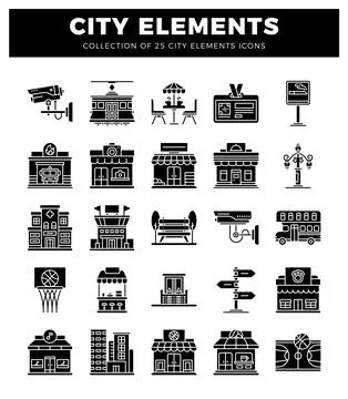 A black vector city element icons on a white background. featuring building.. Stock Illustration