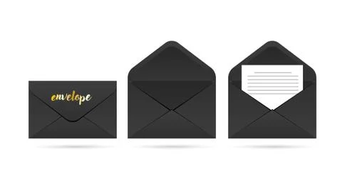 Black vector envelope set. Realistic dark mockup isolated on a background. Op Stock Illustration