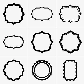 Black vector frame collection presents nine diverse shapes in crisp detail, p Stock Illustration