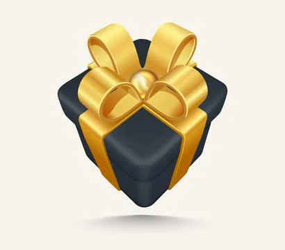 Black vector giftbox. Realistic 3d gift box, with golden satin bow. Cube shap Stock Illustration