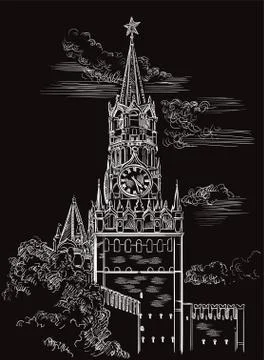Black vector hand drawing Moscow Kremlin Stock Illustration