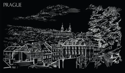 Black vector hand drawing Prague, part 3 Stock Illustration