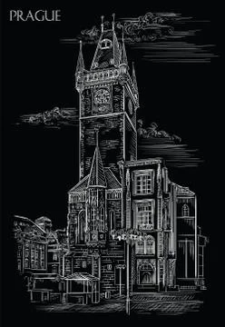 Black vector hand drawing Prague, part 6 Illustrazione stock