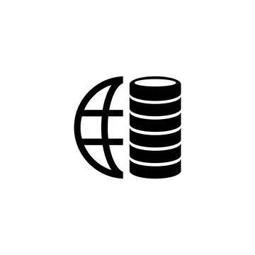 Black vector icon illustrating global finance with a globe and coin stacks Illustrazione stock