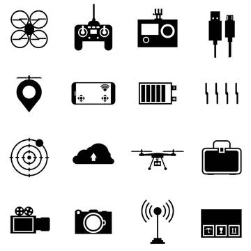 Black vector icons for quadrocopter set. Black silhouette icons vector col... Stock Photos