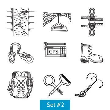 Black vector icons for rock climbing accessories: Graphic #46224881