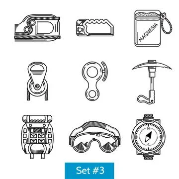 Black vector icons for rock climbing equipment Illustrazione stock