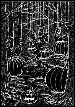 Black vector illustration with path or trailway, scary pumpkin head Illustrazione stock