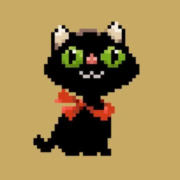 Black vector pixel art cat in red scarf Stock Illustration