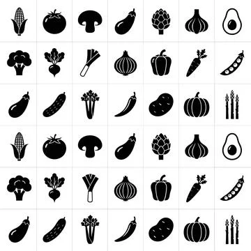 Black vegetable icon set featuring corn, tomato, mushroom, eggplant, artich.. Ilustración de archivo