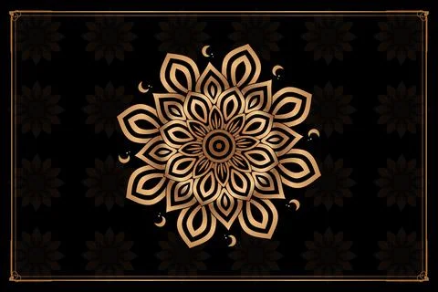 Black vertical background showcases a centered layered gold mandala surroun.. Stock Illustration