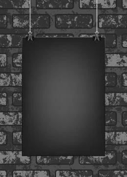 Black vertical poster template hanging on clips, isolated on grunge brick Stock Illustration