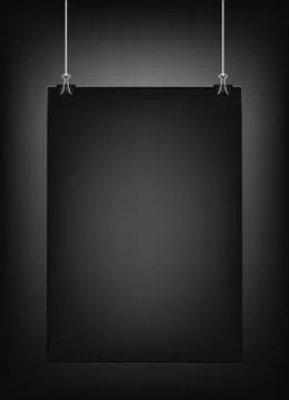 Black vertical poster template hanging on clips, isolated on a black background Stock Illustration