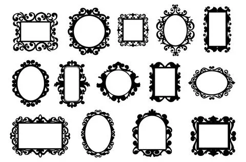 Black vintage frames. Hand drawn silhouettes of decorative square and round Illustrazione stock