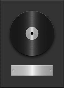 A black vinyl record on a black framed display with a metallic plaque for t.. Stock Illustration