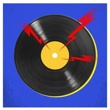 Black vinyl record with lighting elements isolated against blue background 스톡 사진