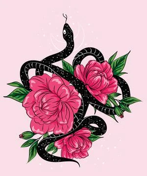 Black viper in rose bouquet. Vector hand drawn illustration. Tattoo sketch, t Illustrazione stock