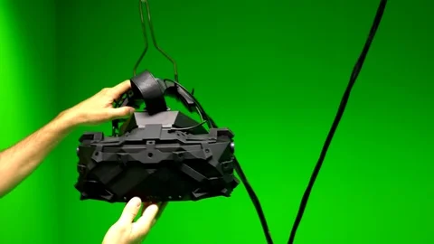 Black virtual reality headset glasses in studio with green screen 스톡 동영상 123353065