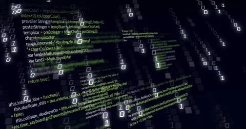 Black void initiating code panels sliding as binary digits cascading in 3D for Stock Footage 317265437