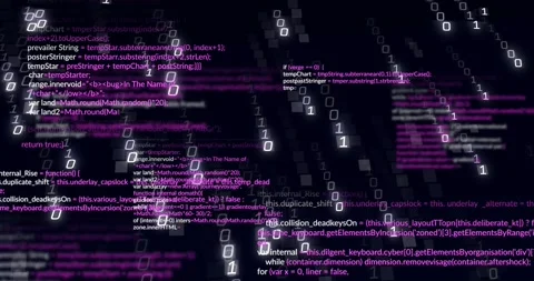 Black void opening magenta code scrolling, particles cascading, creating layered Stock Footage 317206824