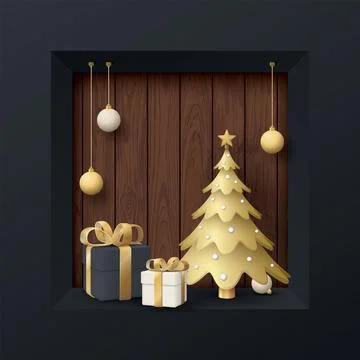 Black wall and square hole have cut timber panels behind with 3D miniature .. Stock Illustration