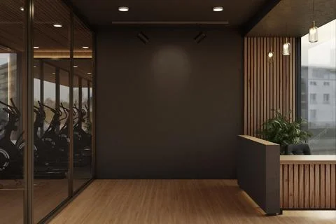 Black wall between glass door of exercise room and reception counter in a m.. Stock Illustration