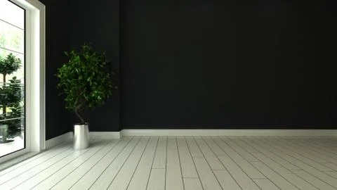 Black wall empty room interior design with white wooden floor and plant Stock Photos