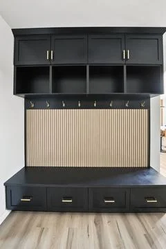Black wall-mounted storage features cabinets, drawers, and coat hooks 库存插图