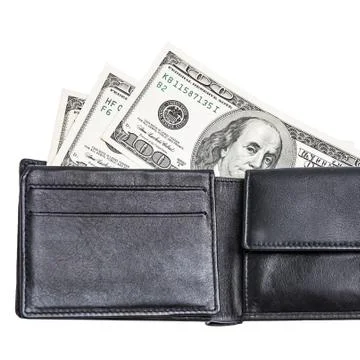 Black wallet with dollars deployed horizontally on a white background isolate Stock Photos