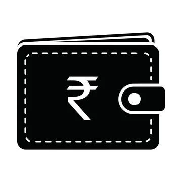 Black wallet icon featuring Indian rupee symbol for financial and currency .. Stock Illustration