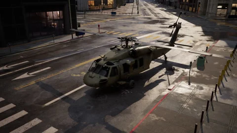 Black war chopper in the city Stock Footage 248714803
