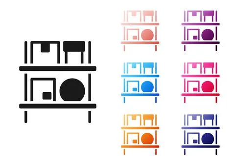 Black Warehouse interior with boxes on racks icon isolated on white background Illustrazione stock