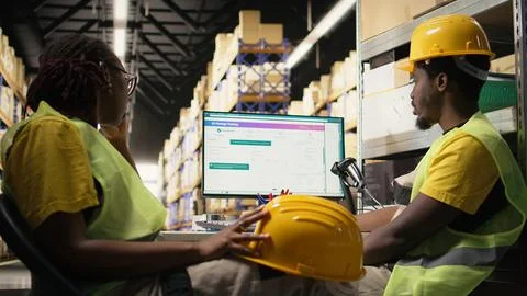 Black warehouse manager expressing her disappointment for her staff Stock Photos