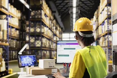 Black warehouse worker managing inventory logistics with AI virtual assistant Fotos Stock