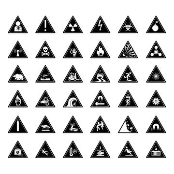 Black Warning Danger Signs. Vector Icons Biological Hazard, High Voltage, C.. Stock Illustration