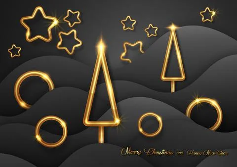 Black waves background in paper cut style with Christmas gold decorations. Stock-Illustration