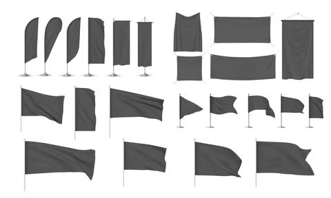 Black waving flags template vector 3d mockup set, blank of fabric canvas 스톡 일러스트