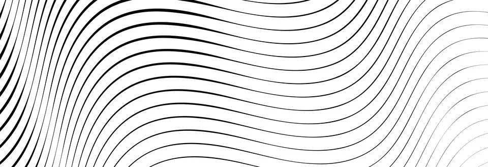 Black wavy lines that go from thin to thick. Striped waves drawn in ink. Abst 스톡 일러스트