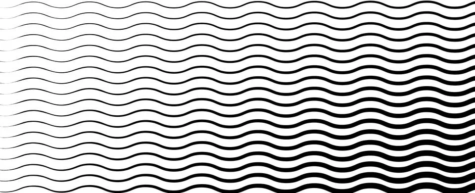 Black wavy lines that go from thin to thick. Striped waves drawn in ink Stock Illustration