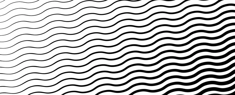 Black wavy lines that go from thin to thick. Striped waves drawn in ink Stock Illustration