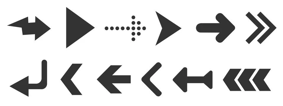 Black web arrows set isolated on white background. UI and web design. Illustrazione stock