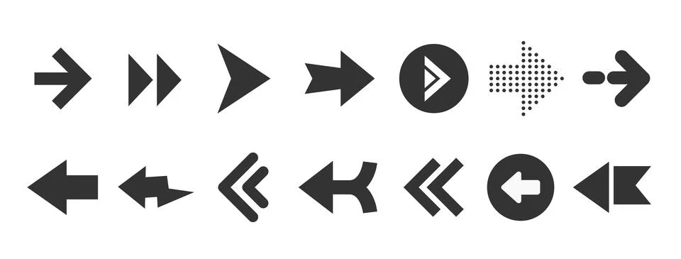 Black web arrows set isolated on white background. UI and web design. Stock Illustration