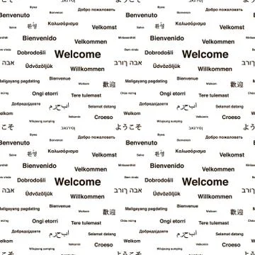 Black welcome phrases in different languages on white, seamless pattern Stock Illustration